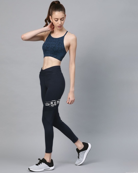 Shop Women Navy Blue Secure Fit Solid Cropped Training Tights