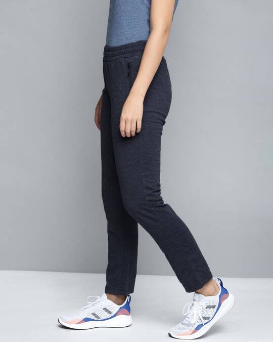 Shop Women Navy Blue Solid Slim Fit Track Pants With Melange Effect-Full