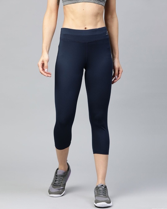 Shop Women Navy Blue Solid Three Fourth Training Tights-Front