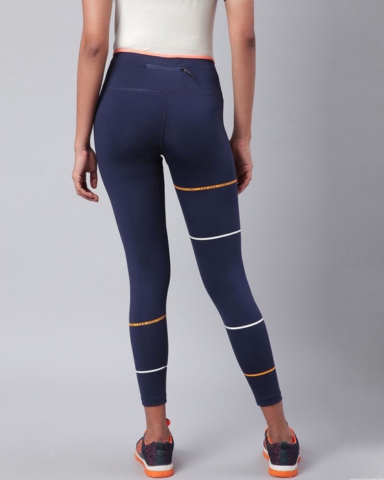 Shop Women Navy Blue Striped Secure Fit Cropped Training Tights-Back