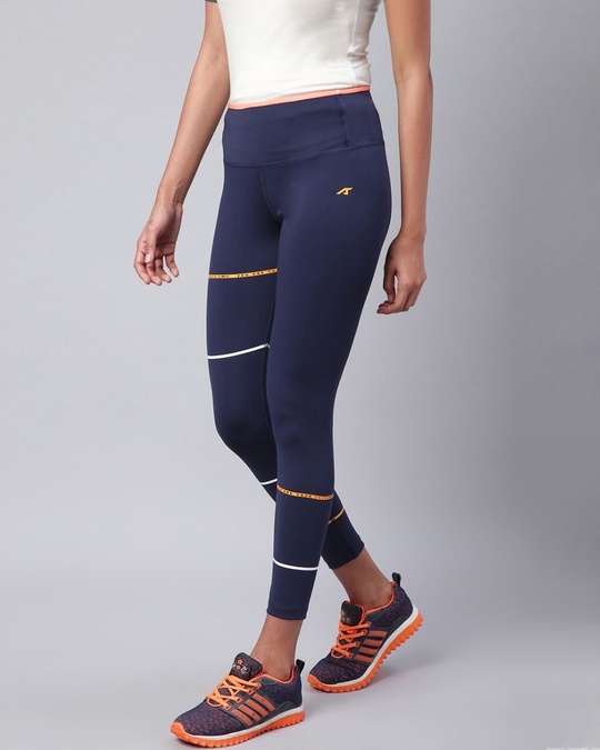 Shop Women Navy Blue Striped Secure Fit Cropped Training Tights-Design