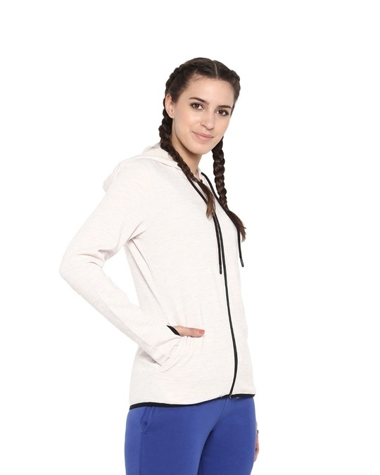 Shop Women's Cream Coloured Ribbed Hooded Sporty Slim Fit Jacket-Full