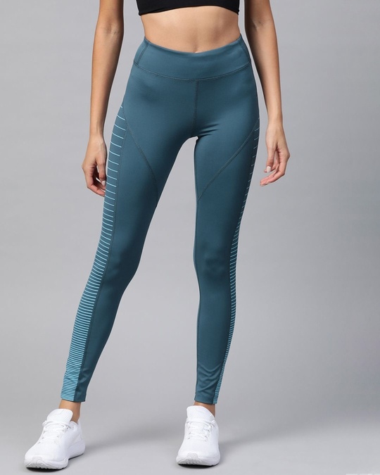 Shop Women Teal Blue Solid Tights With Striped Detail-Front