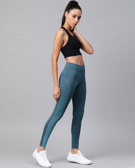 Shop Women Teal Blue Solid Tights With Striped Detail