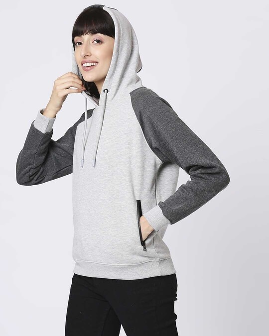 Shop Grey Melange Contrast Sleeve Hoodie Sweatshirt-Back