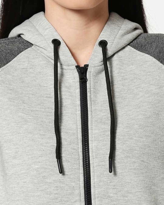 Shop Anthra Melange - Grey Melange Constrast Sleeves Zipper Hoodie