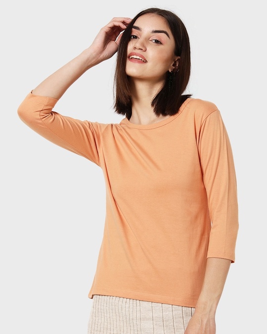 Shop Apricot Orange Round Neck 3/4th Sleeve T-Shirt-Back