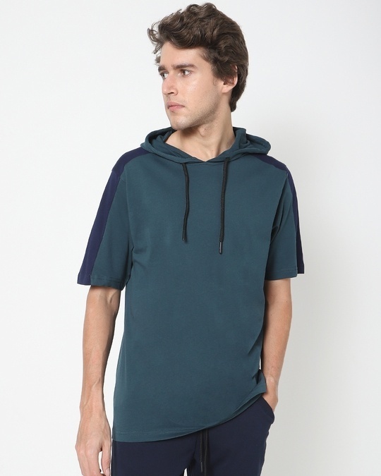 Shop Atlantic Deep Color Block Half Sleeve Hoodie T-shirt-Front