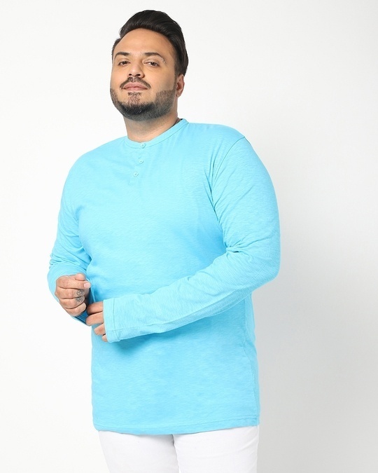 Shop Upbeat Blue Plus Size Full Sleeve Henley T-shirt-Front
