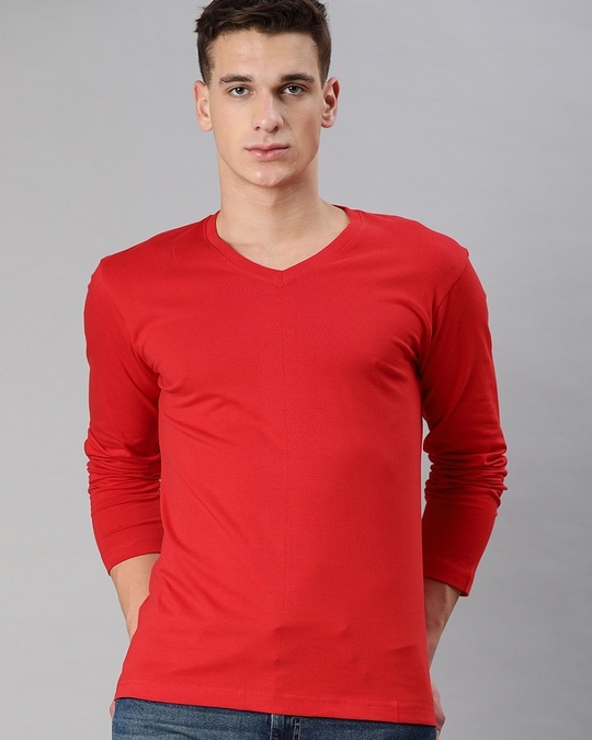 Shop Men's Red Full Sleeve V Neck T-shirt-Front