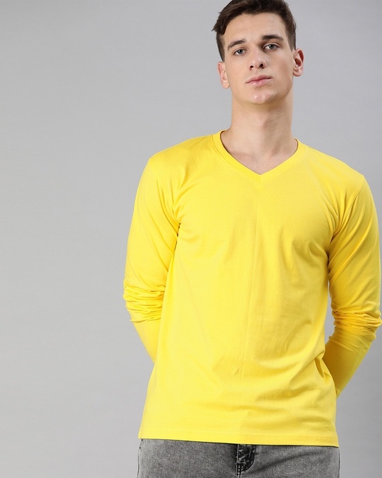Shop Men's Yellow Full Sleeve V Neck T-shirt-Front