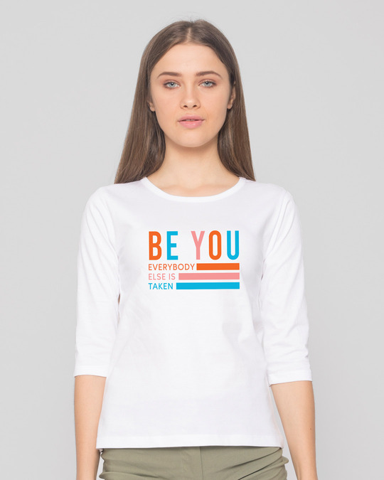 Shop Be You Stripes Round Neck 3/4 Sleeve T-Shirt White-Front