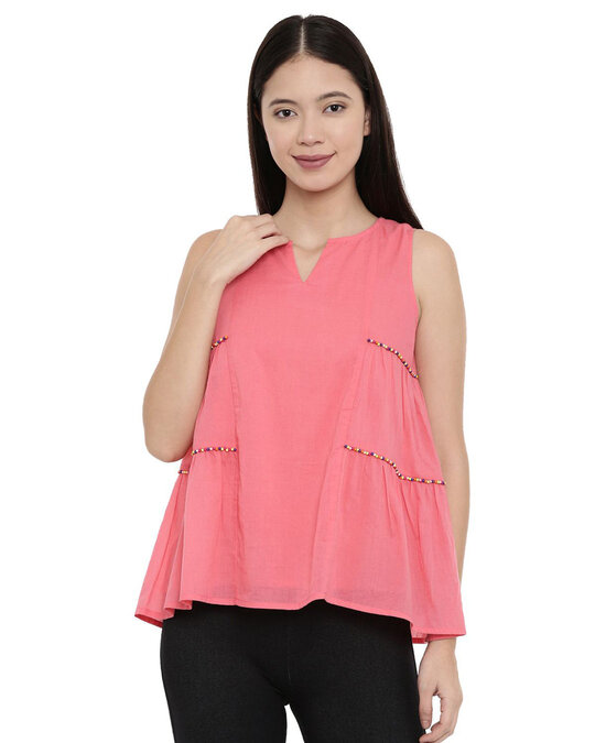 Shop Women's Beaded Pink Flared A-line Top-Front