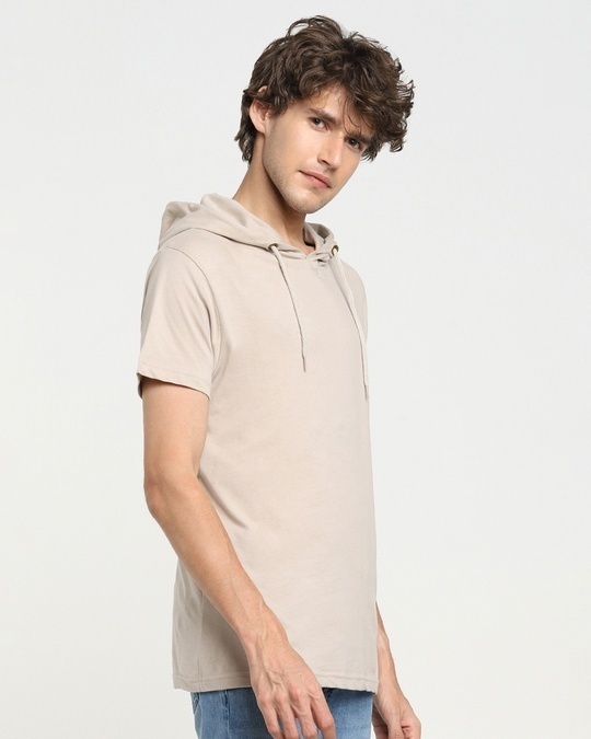 Shop Beige Grey Half Sleeve Hoodie T-Shirt-Back