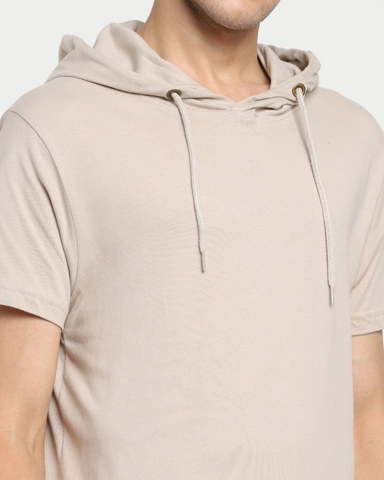 Shop Beige Grey Half Sleeve Hoodie T-Shirt