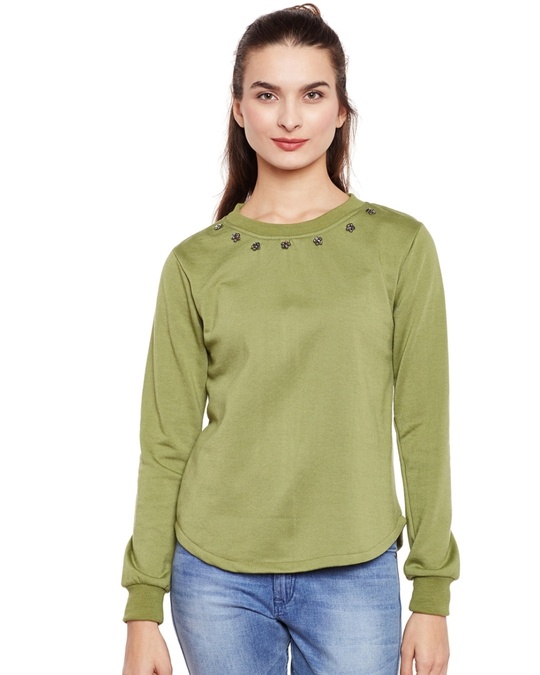 Shop Women's Green Embellished Regular Fit Sweatshirt-Front