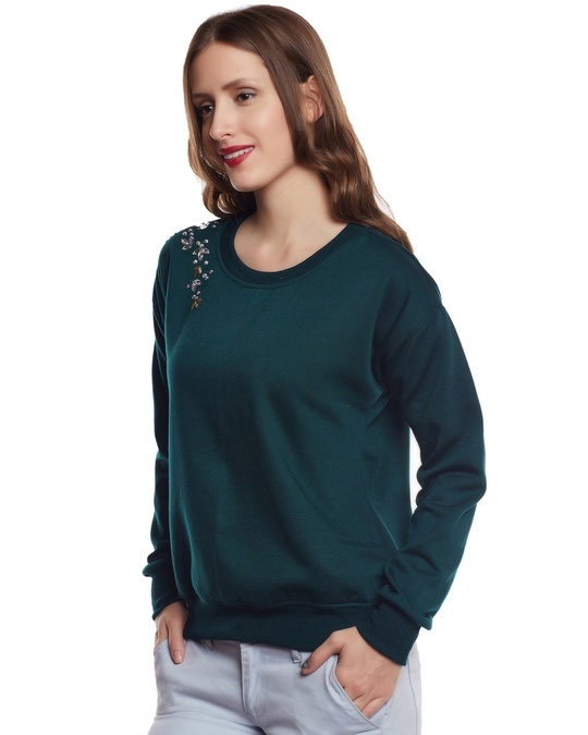 Shop Women's Green Embellished Regular Fit Sweatshirt-Full