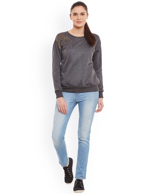 Shop Women's Grey Embellished Regular Fit Sweatshirt