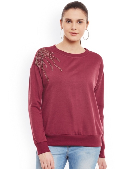 Shop Women's Maroon Embellished Regular Fit Sweatshirt-Front