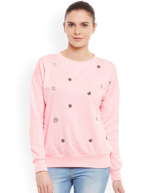Shop Women's Pink Embellished Regular Fit Sweatshirt-Front