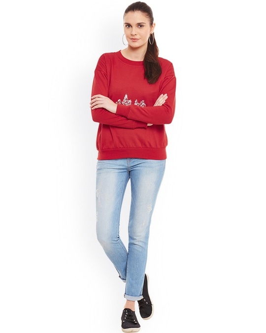 Shop Women's Red Embellished Regular Fit Sweatshirt