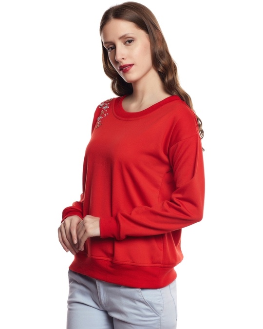 Shop Women's Red Embellished Regular Fit Sweatshirt-Design