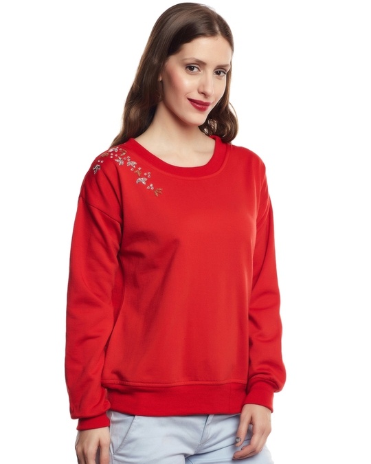Shop Women's Red Embellished Regular Fit Sweatshirt-Full