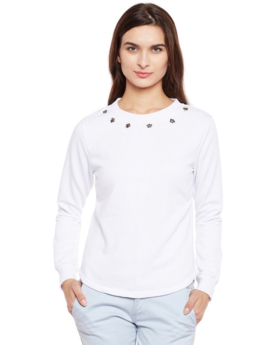Shop Women's White Embellished Regular Fit Sweatshirt-Front