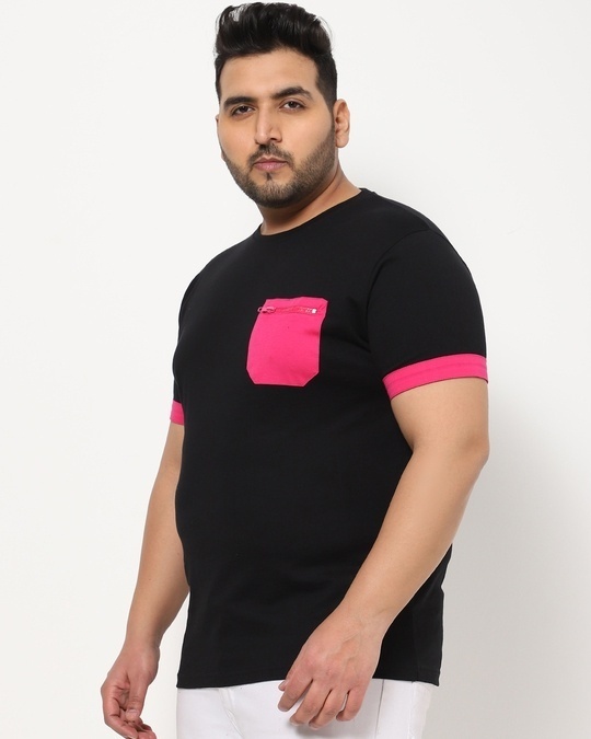 Shop Peppy Pink Plus Size Pocket Color Block T-shirt-Back