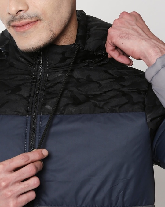 Shop Black Camo Four Block Puffer Jacket with Detachable Hood