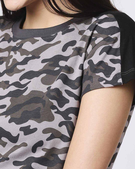 Shop Black Camo Plain Shoulder Sleeves Panel Half Sleeves Camo T-Shirt
