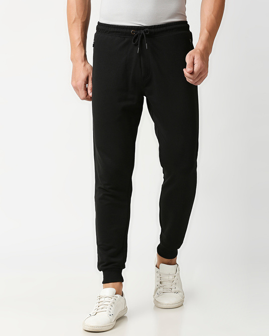 Black Men's Casual Jogger Pants With Zipper NR Plain