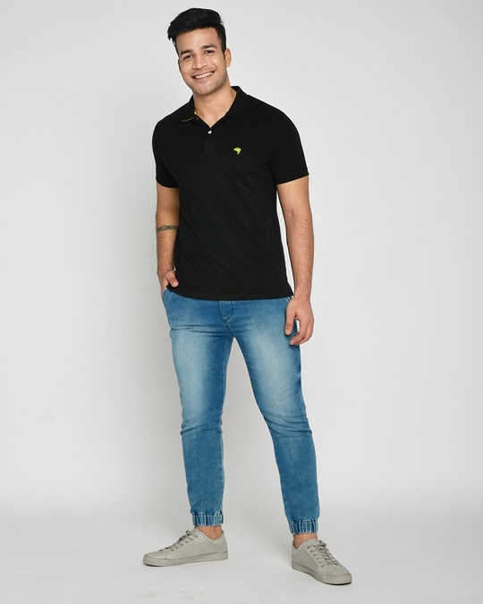 Shop Black-Neon Lime Contrast Collar Pique Polo T-Shirt-Full