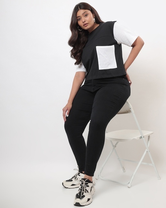 Shop Women's Black Color Block Relaxed Fit  Plus Size T-shirt-Full