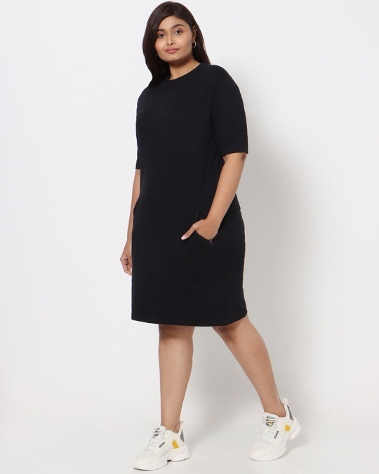 Shop Black Plus Size Elbow Sleeve Pocket Dress-Back