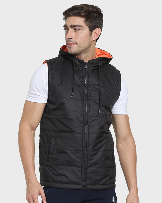 Shop Men's Black Sleeveless Puffer Winter Jacket-Front