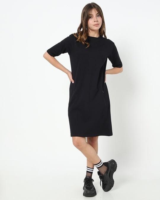 Shop Black Elbow Sleeve Pocket Dress-Full