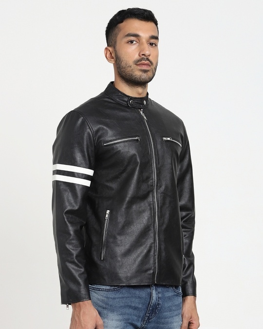 Shop Black Solid Faux Leather Jacket-Back