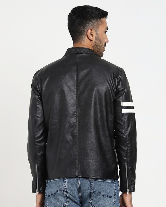 Shop Black Solid Faux Leather Jacket-Design