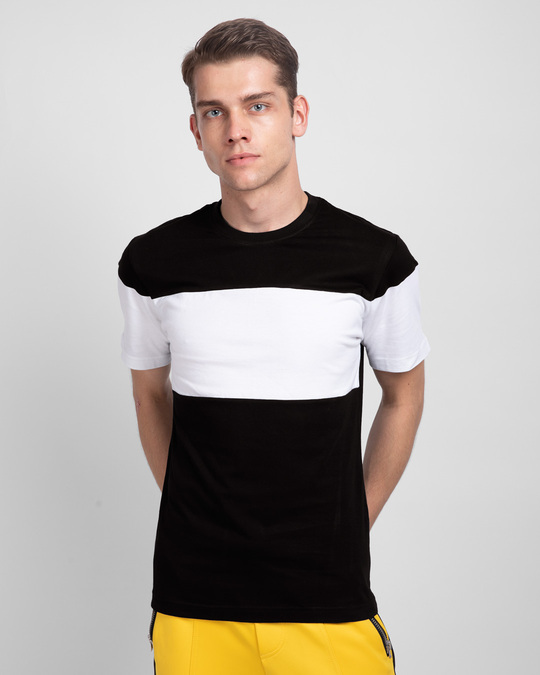 Shop Black White & Black 90's Vibe Panel T-Shirt-Front