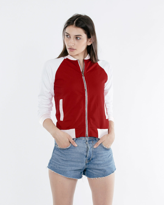 Shop Bold Red - White Contrast Sleeve Bomber Jacket-Front