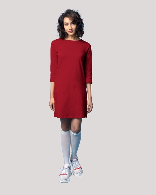 Shop Bold Red Boat Neck 3/4th Sleeve T-Shirt Dress-Full