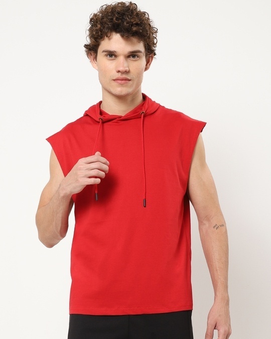 Shop Men's Bold Red Sleeveless Hoodie T-shirt-Back