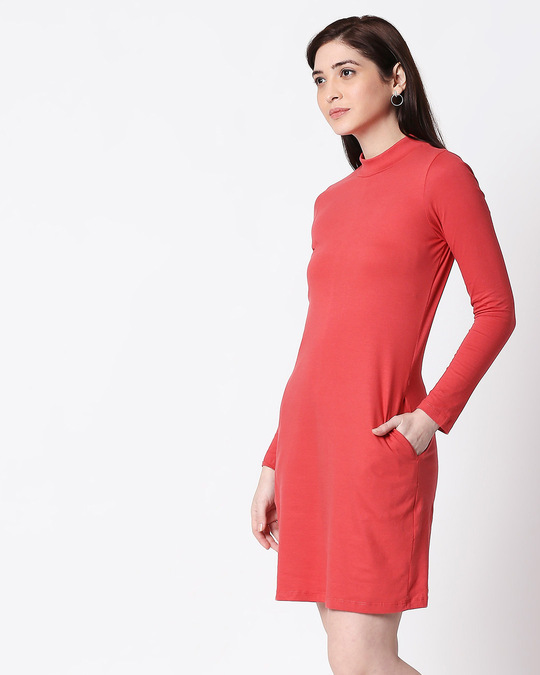 Shop Brick Red High Neck Pocket Dress-Design