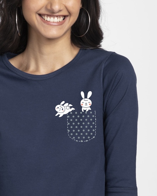 Shop Bunny Rabbit Pocket Round Neck 3/4th Sleeve T-Shirt-Front