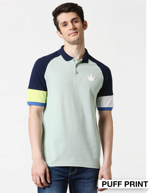 Shop Camo Green Half Sleeve Raglan Shoulder Cut & Sew Polo-Front