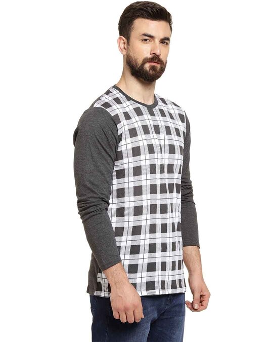 Shop Full Sleeve Checkered Printed Men's Round White T-Shirt-Design