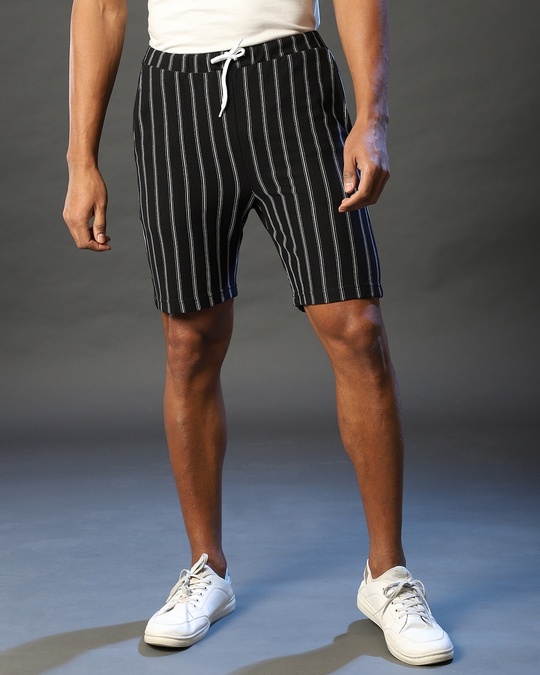 Shop Men's Black Striped Regular Fit Shorts-Front