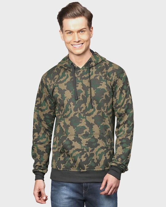 Shop Men's Green Camouflage Full Sleeve Stylish Casual Hooded Sweatshirt-Front