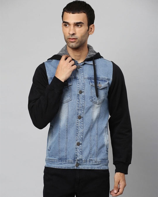 Shop Men's Blue Colorblocked Full Sleeve Stylish Casual Denim Jacket-Front